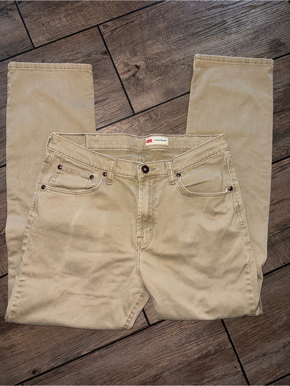 Wrangler Premium Quality Khaki Tan Slim Straight Pants Jeans Size 34x30